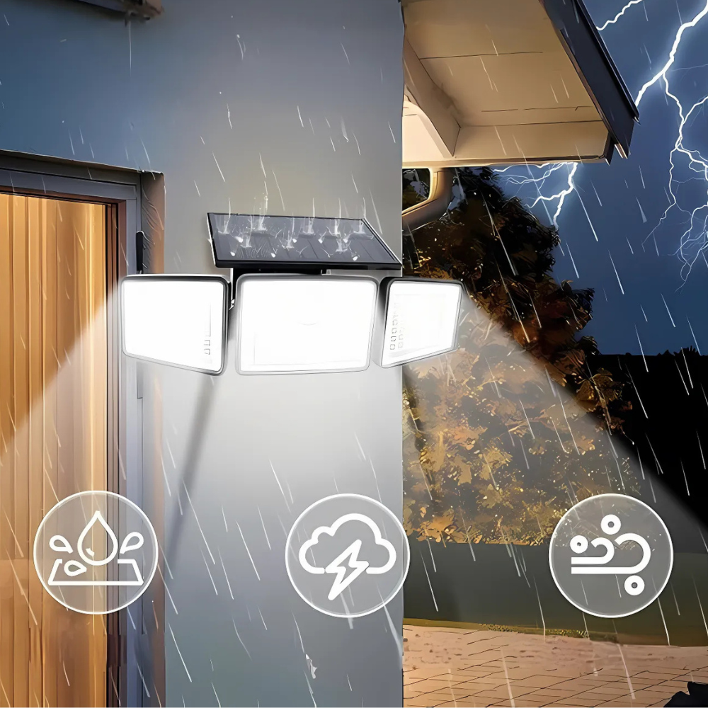 Lampe Solaire Sécurité 3 Têtes LED avec Détecteur de Mouvement – Projecteur Extérieur Étanche IP65, Autonomie 12h
