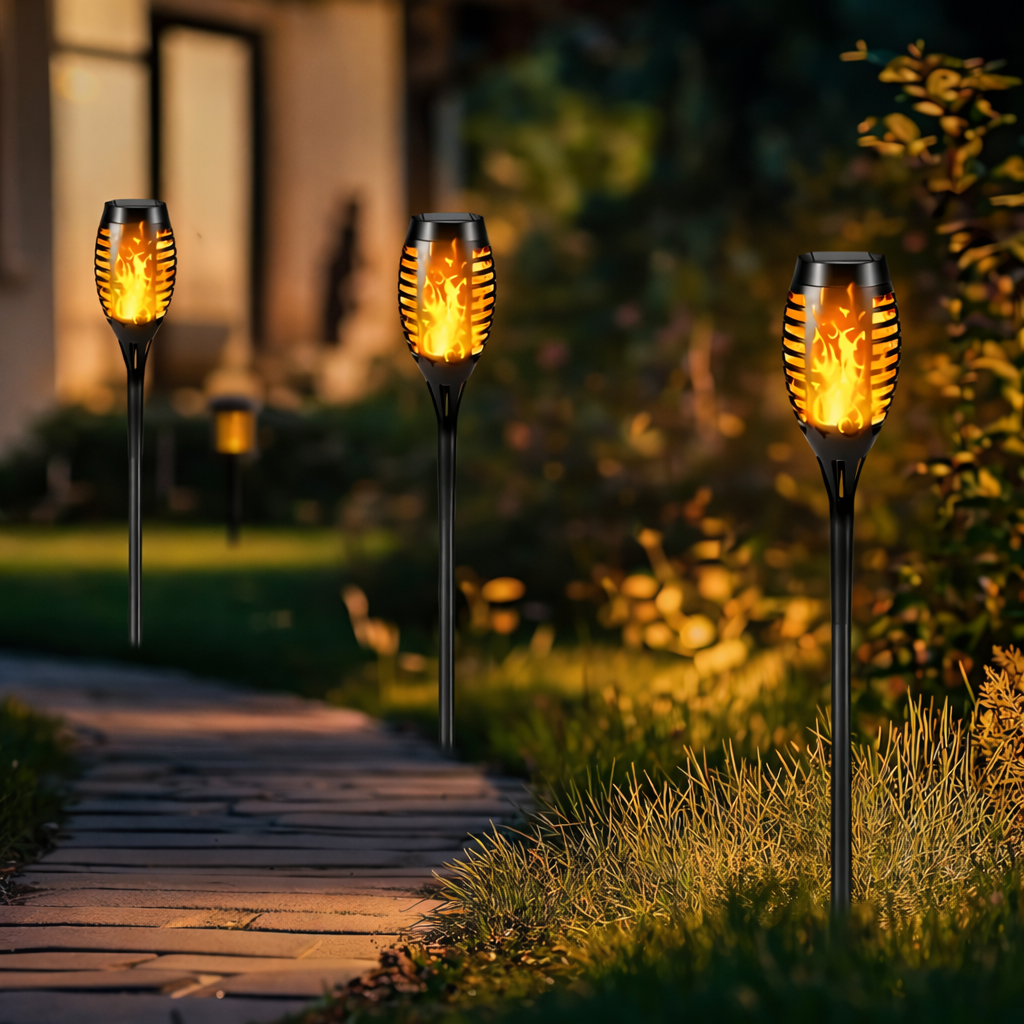 Lampe Solaire Extérieure Effet Flamme LED Étanche – Torche Jardin à Piquer Rechargeable – Lot de 4