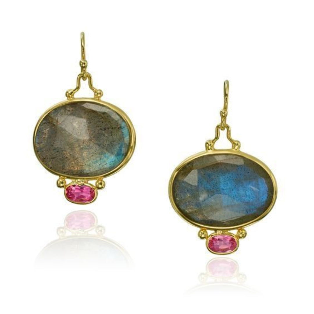 Boucles d'oreilles vintage en or avec cristaux bleus et zircons roses