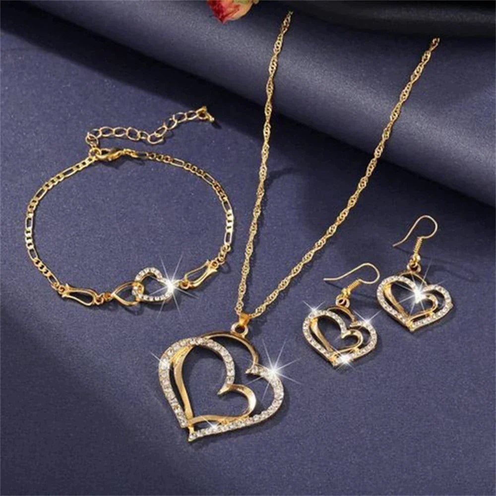 Ensemble Collier + Boucles d'Oreilles Romantiques avec Zircons en Or
