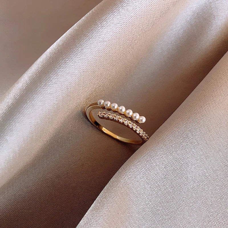 Bague de luxe réglable avec perles et zircon en or