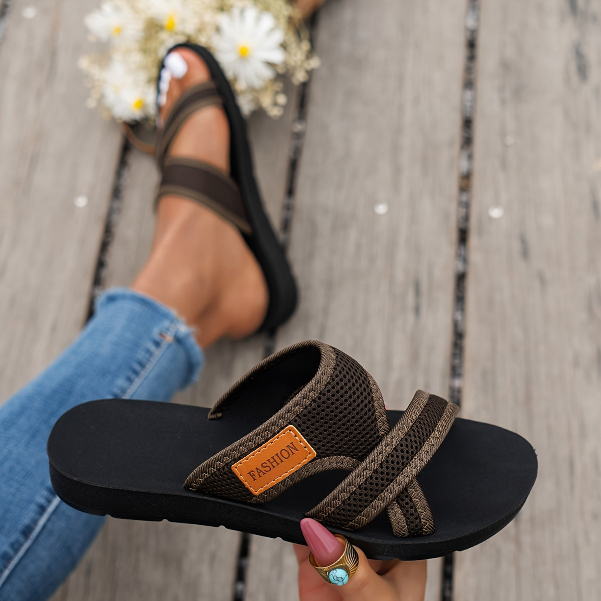 sandales à enfiler en maille pour femme