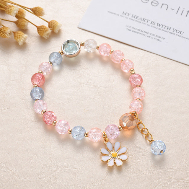 Bracelet de Pierres Roses et Bleues et de Fleurs de Marguerite en Or