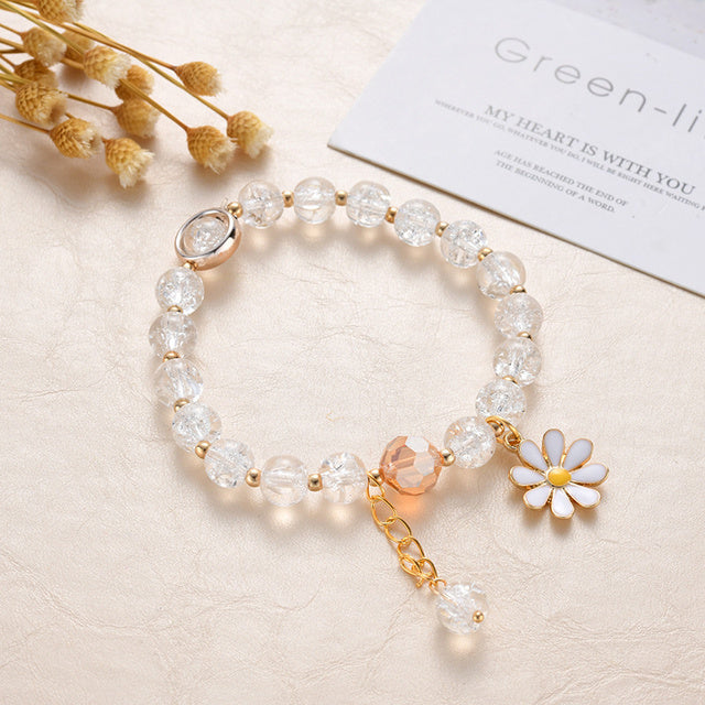 Bracelet de Pierres Blanches et de Fleurs de Marguerites en Or