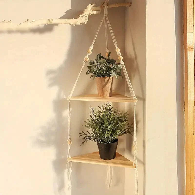 Jardioui Deux plateformes Macramé en blanc Étagères Suspendue pour Plante en Macramé Artisanal