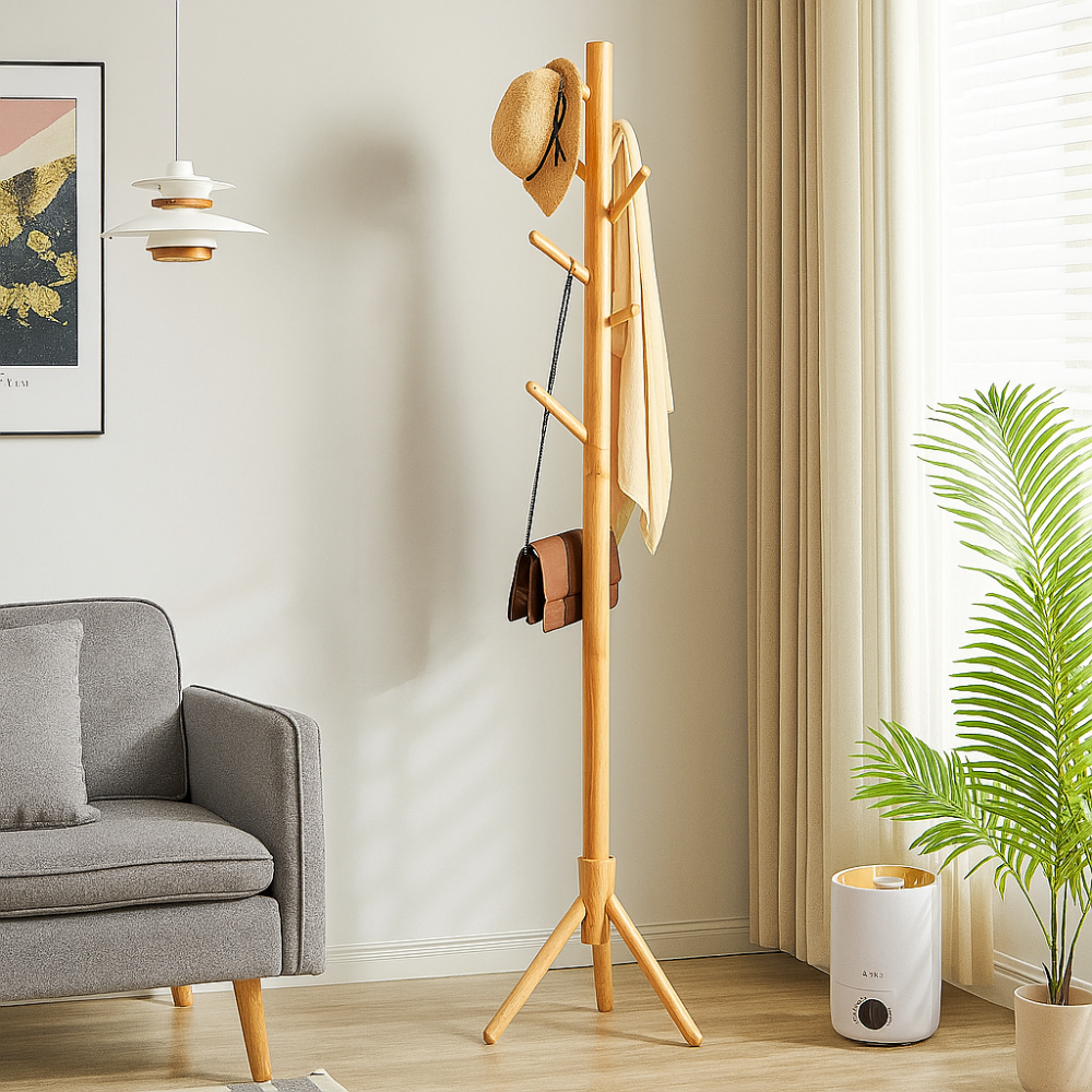 Porte-manteau autoportant en bois massif – 8 crochets réglables pour manteaux, sacs et chapeaux