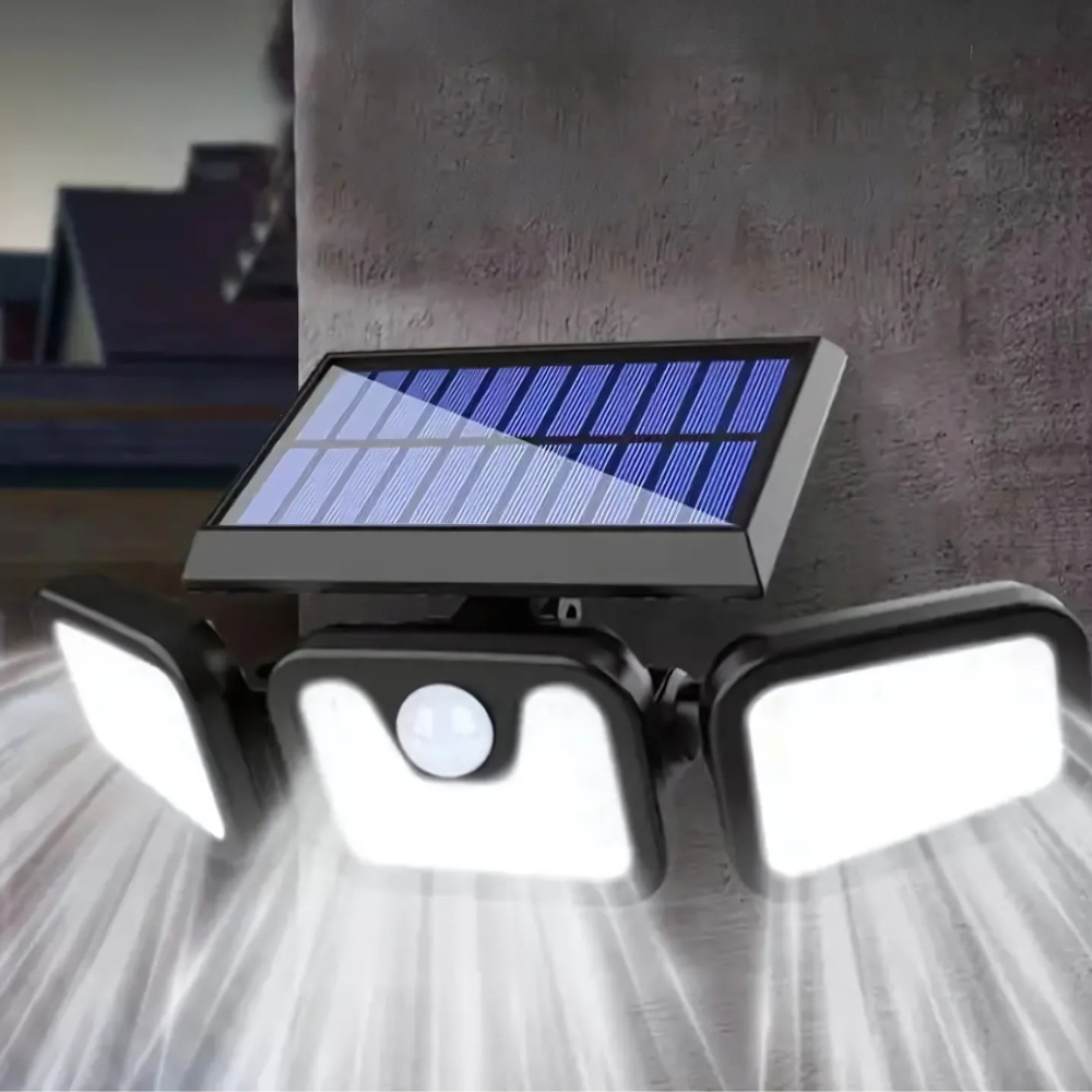 Lampe Solaire Sécurité 3 Têtes LED avec Détecteur de Mouvement – Projecteur Extérieur Étanche IP65, Autonomie 12h