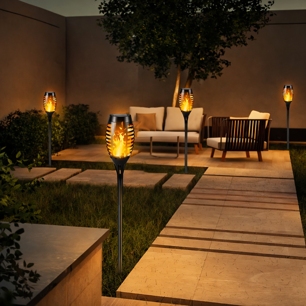 Lampe Solaire Extérieure Effet Flamme LED Étanche – Torche Jardin à Piquer Rechargeable – Lot de 4