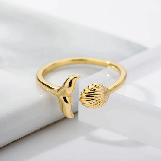 Bague Réglable Queue de Sirène avec Coquille en Or