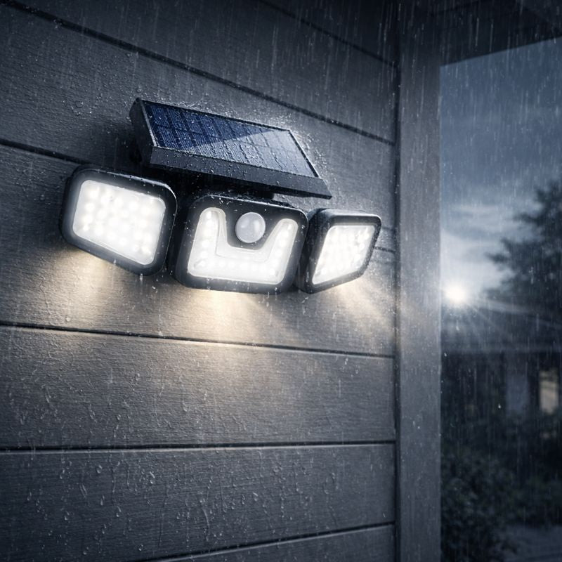 Lampe Solaire Sécurité 3 Têtes LED avec Détecteur de Mouvement – Projecteur Extérieur Étanche IP65, Autonomie 12h