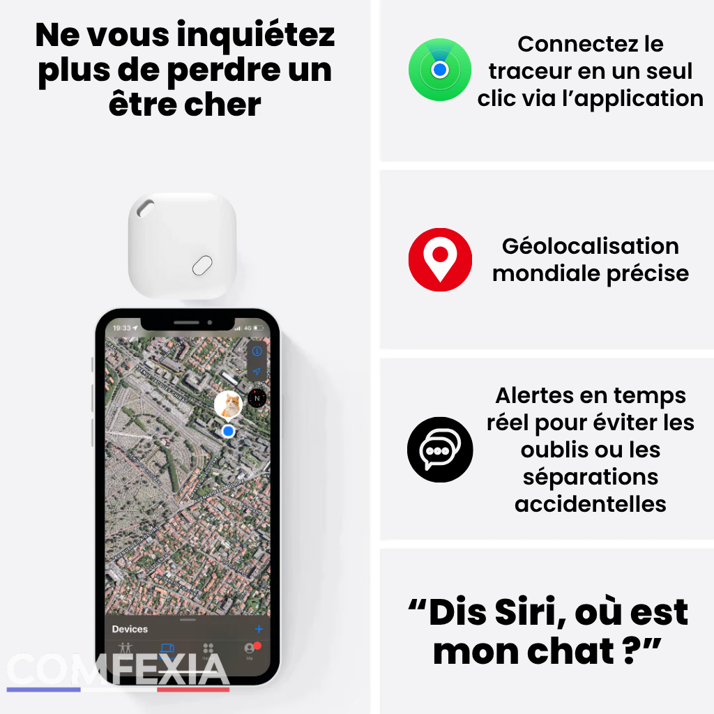 Comfexia™ – Traceur GPS Chat Sans Abonnement Suivi Précis, IOS
