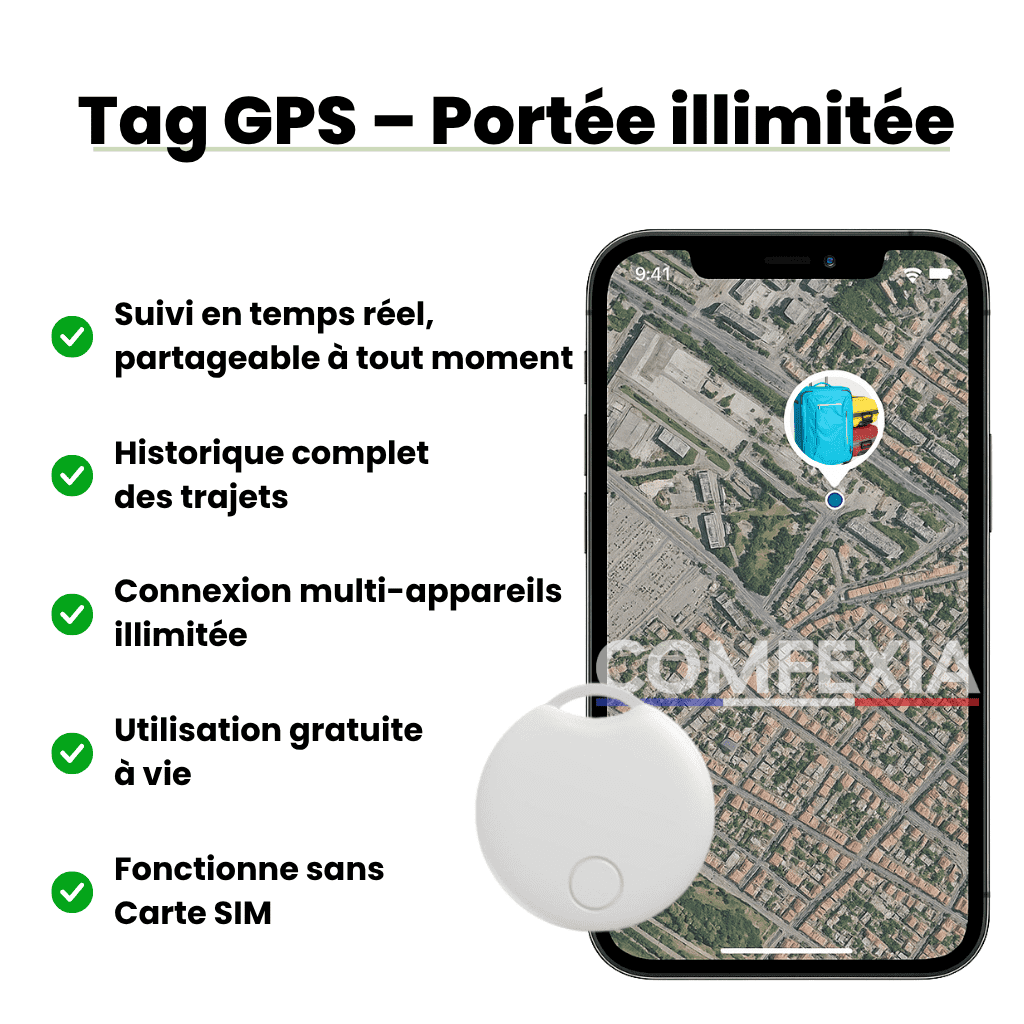 Comfexia™ – Traceur GPS Valise Sans Abonnement Ultra-Précis, Compatible Android & iOS