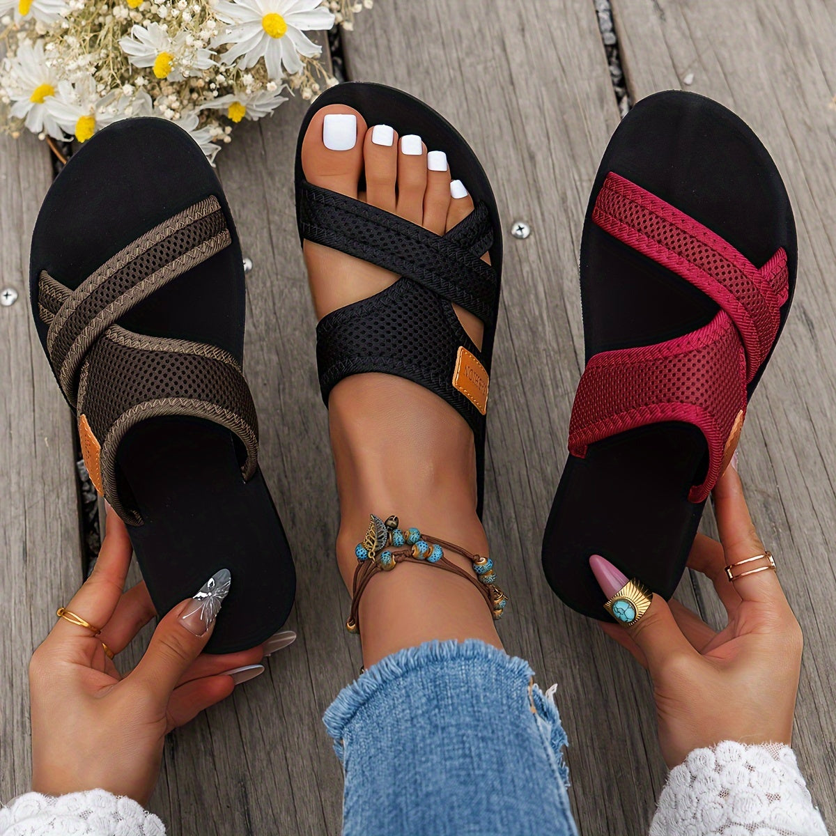 sandales à enfiler en maille pour femme