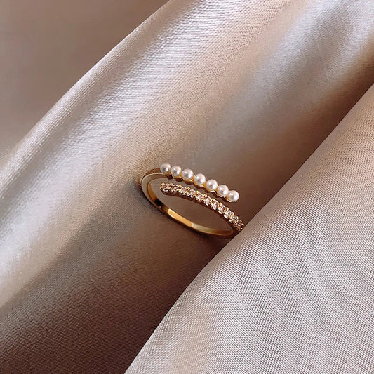 Bague de luxe réglable avec perles et zircon en or
