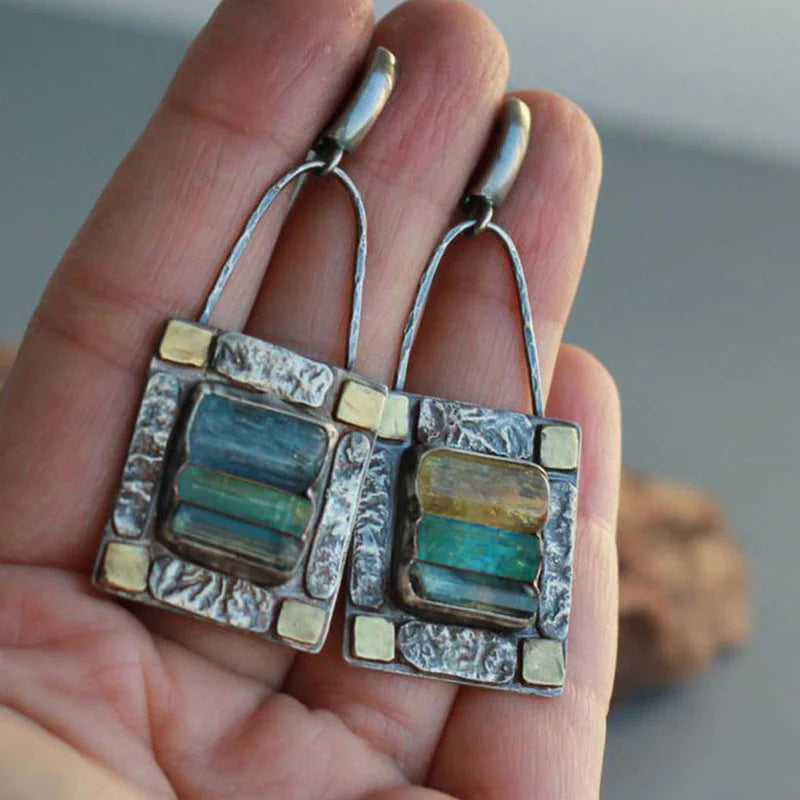Boucles d'Oreilles en Pierre de Cristal Bleu Vert