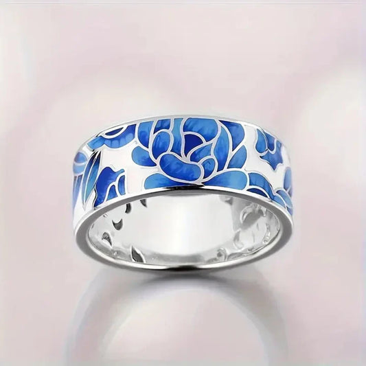 Bague fleur en émail bleu