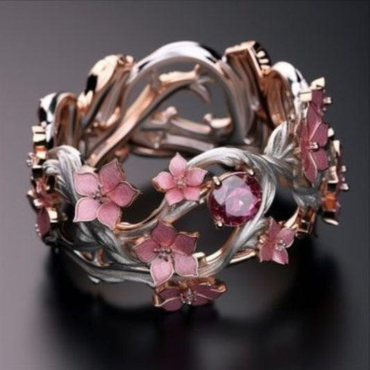 Bague Exotique Florale Rose Vintage en or et argent