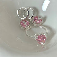 Boucles d'Oreilles et Bague en forme de Cœur en Cristal Rose en Argent Sterling