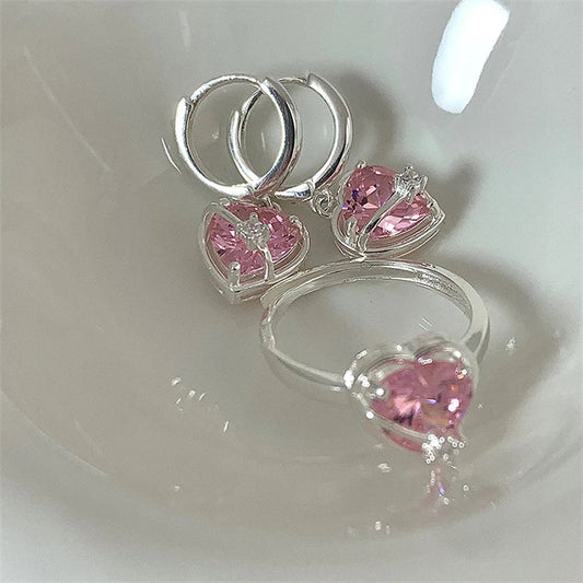 Boucles d'Oreilles et Bague en forme de Cœur en Cristal Rose en Argent Sterling