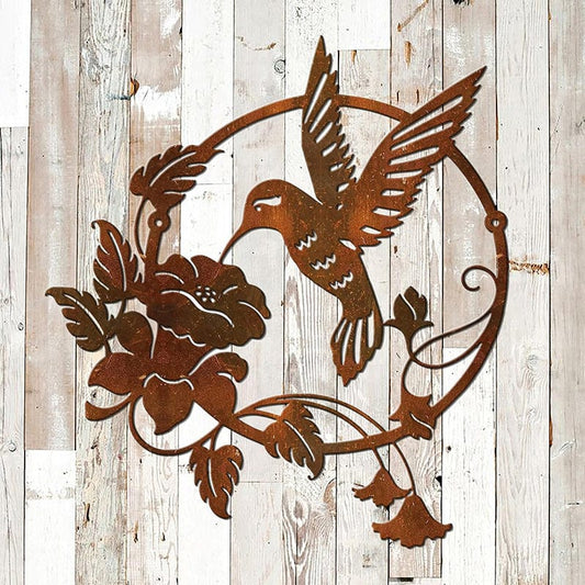 Décoration murale extérieure en métal "Colibri Butinant une Fleur"