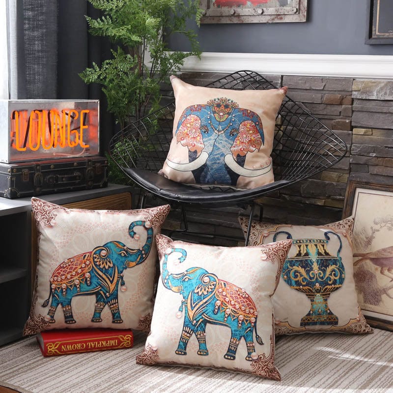 Housse de Coussin Motif Eléphant Indien