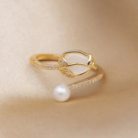 Bague Tulipe Réglable avec Opale Blanche et Perle en Or