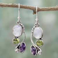 Boucles d'oreilles Vintage en Cristal et Pierre de Lune Mauve et Verte en Argent