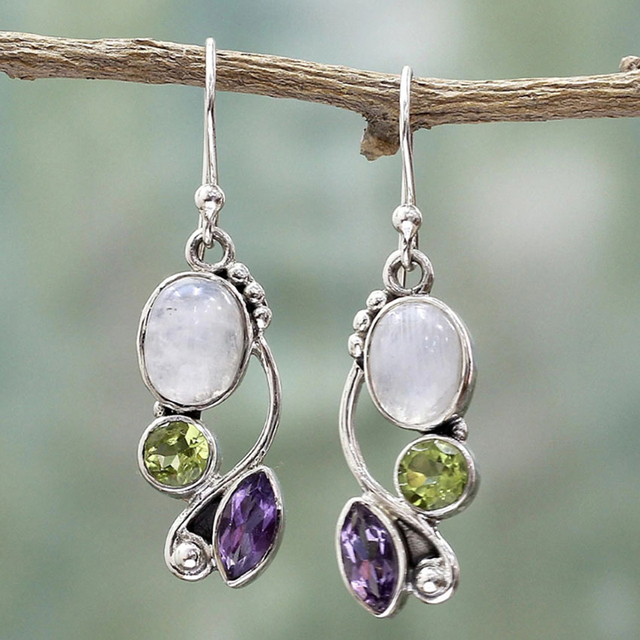 Boucles d'oreilles Vintage en Cristal et Pierre de Lune Mauve et Verte en Argent
