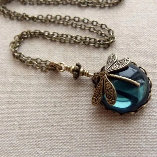 Collier Libellule Vintage avec Cristal en Or Antique