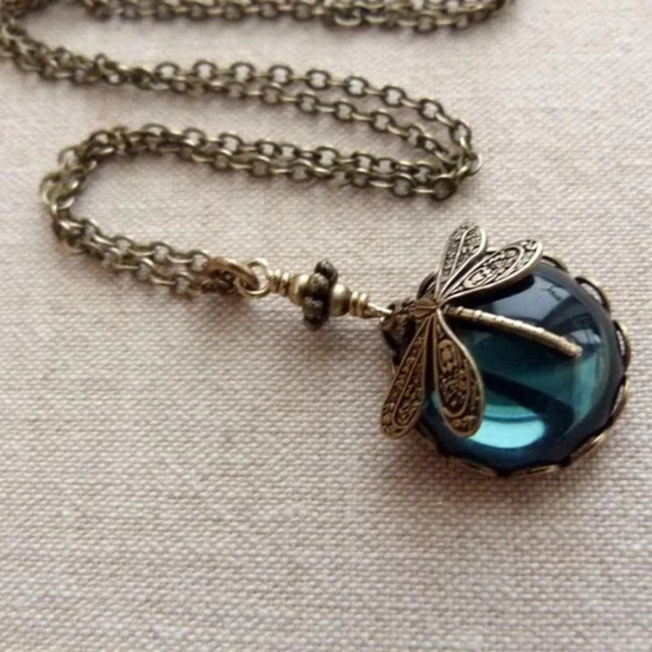 Collier Libellule Vintage avec Cristal en Or Antique