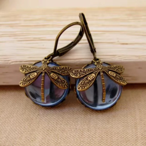 Boucles d'oreilles vintage libellule avec cristaux bleus