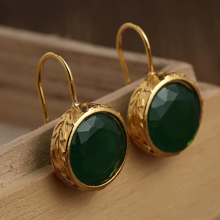 Boucles d'oreilles vintage vertes et rondes en or