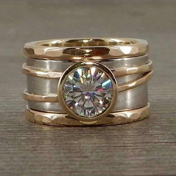 Bague vintage en verre incrusté, dorée et argentée