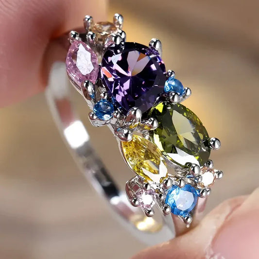 Bague vintage en argent et cristal coloré