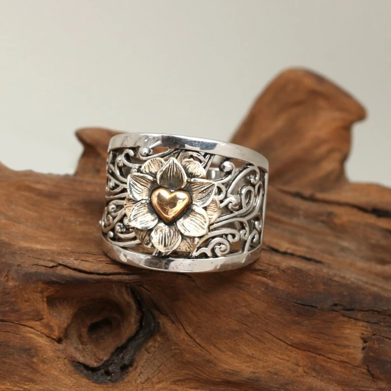 Daisy Bague coeur d'or vintage plaquée argent