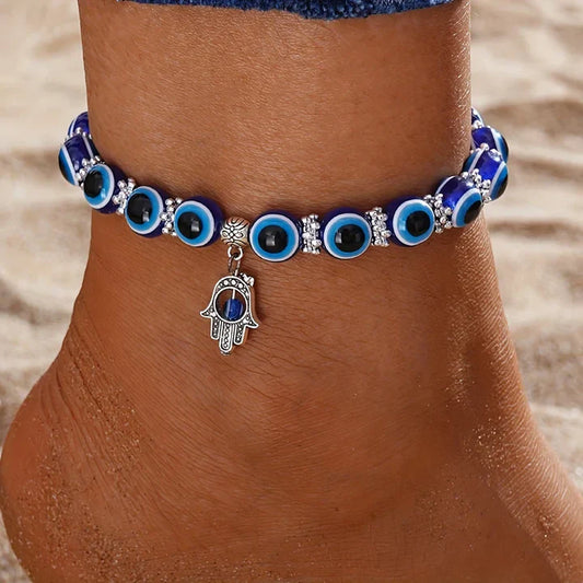 Bracelet de cheville en argent et cristal bleu