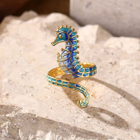 Bague réglable en or hippocampe bleu