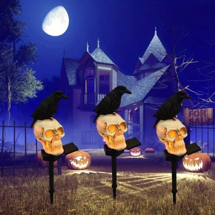 Lampe Solaire de Jardin Originale Halloween "Le Corbeau et Le Crâne"