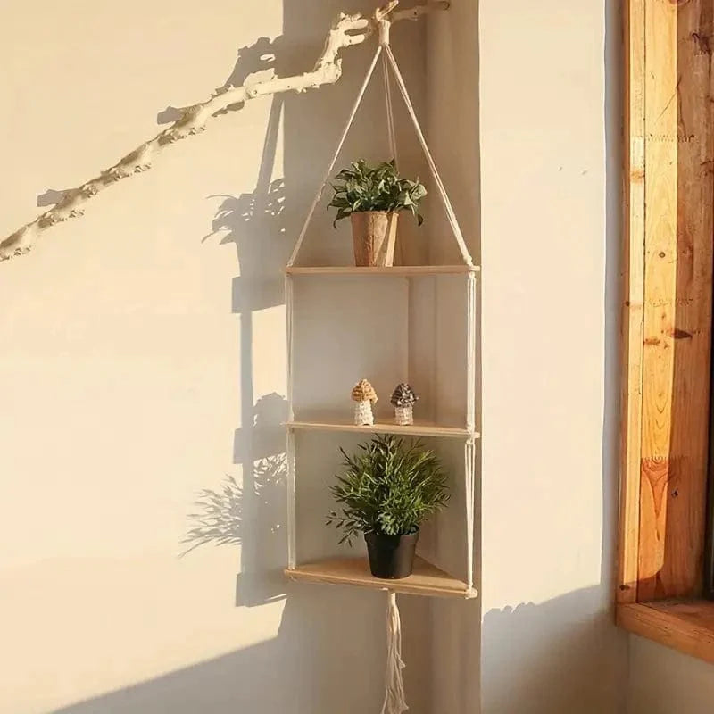 Jardioui Trois plateformes Macramé en blanc Étagères Suspendue pour Plante en Macramé Artisanal