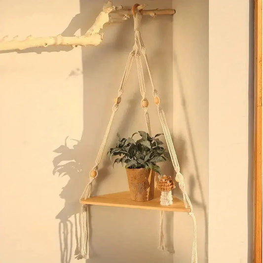 Jardioui Une plateforme Macramé en blanc Étagères Suspendue pour Plante en Macramé Artisanal