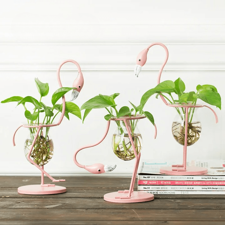 Vase Flamant Rose Hydroponique Scintillant