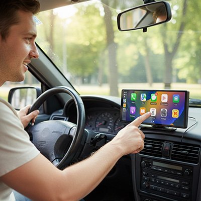 Personne utilise autoradio dans voiture 