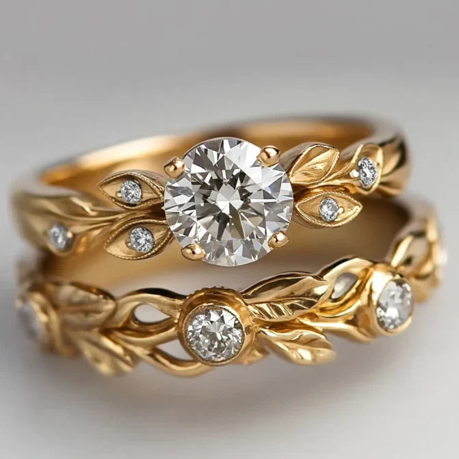 Bague vintage en or à feuilles de zirconium